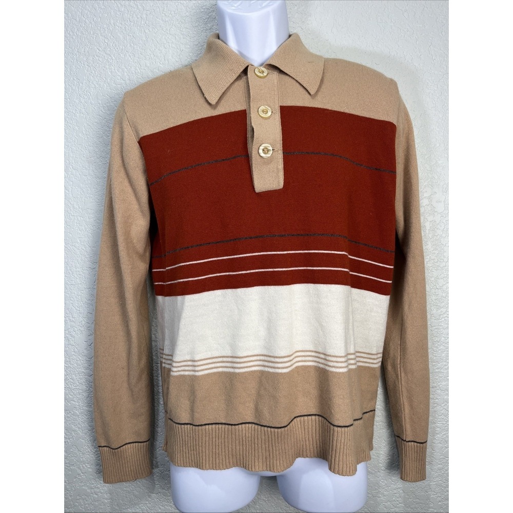 Kleinhans Sweater Mens M Tan Rust White Striped Vintage 70s Knit Polo‎ Italy Mod